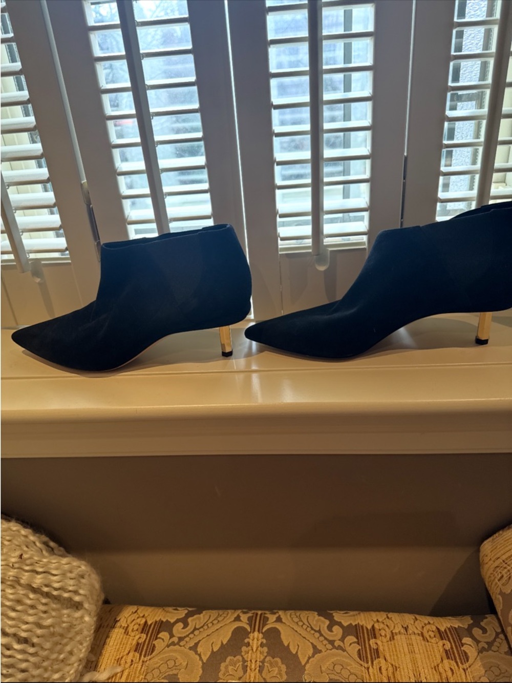 Nicholas Kirkwood Stylish Black Pointed Toe Ankle Boots with Gold Heel. Suede